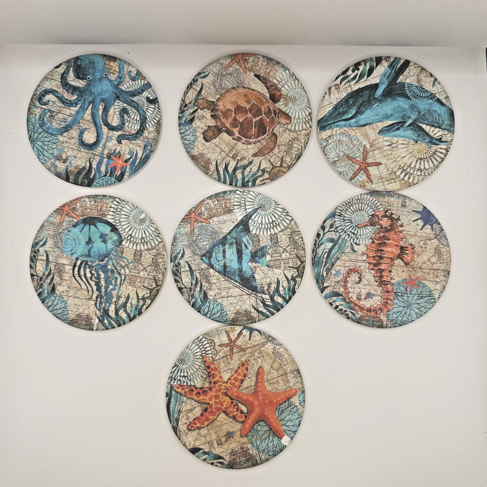 Ocean Life Coasters for Drinks Set of 7 Cork Base Ceramic Coastal Decor